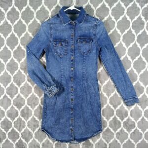 Denim Shirt Dress Women M Blue Fitted Stretch Cowgirl Western Mini Triple Seven